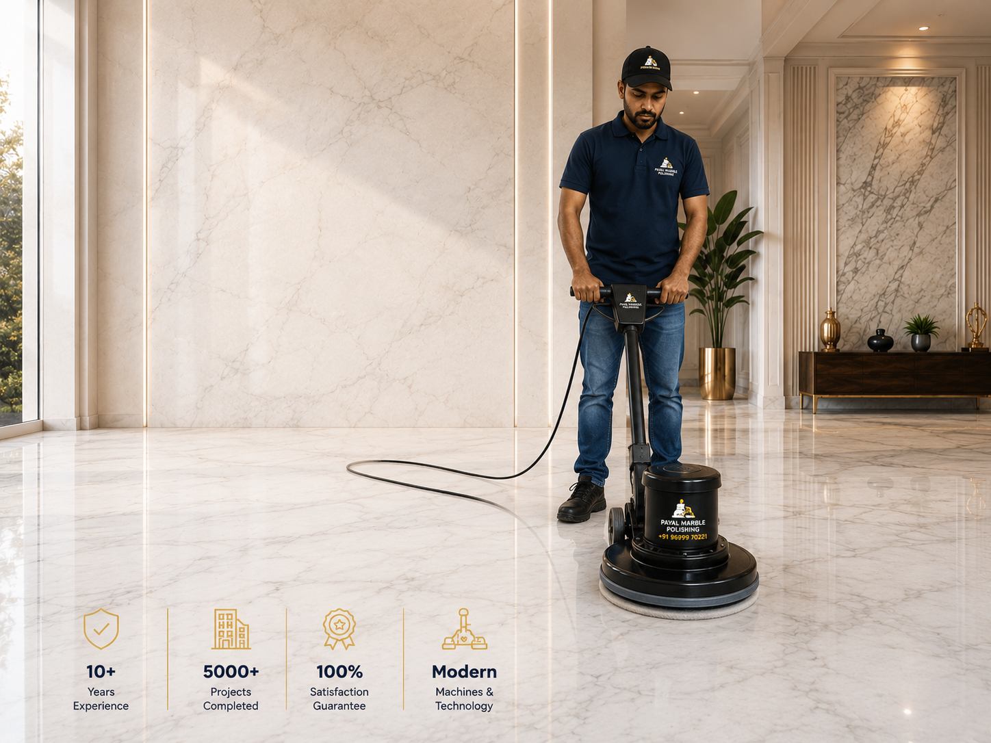 Technician polishing a marble floor with professional equipment