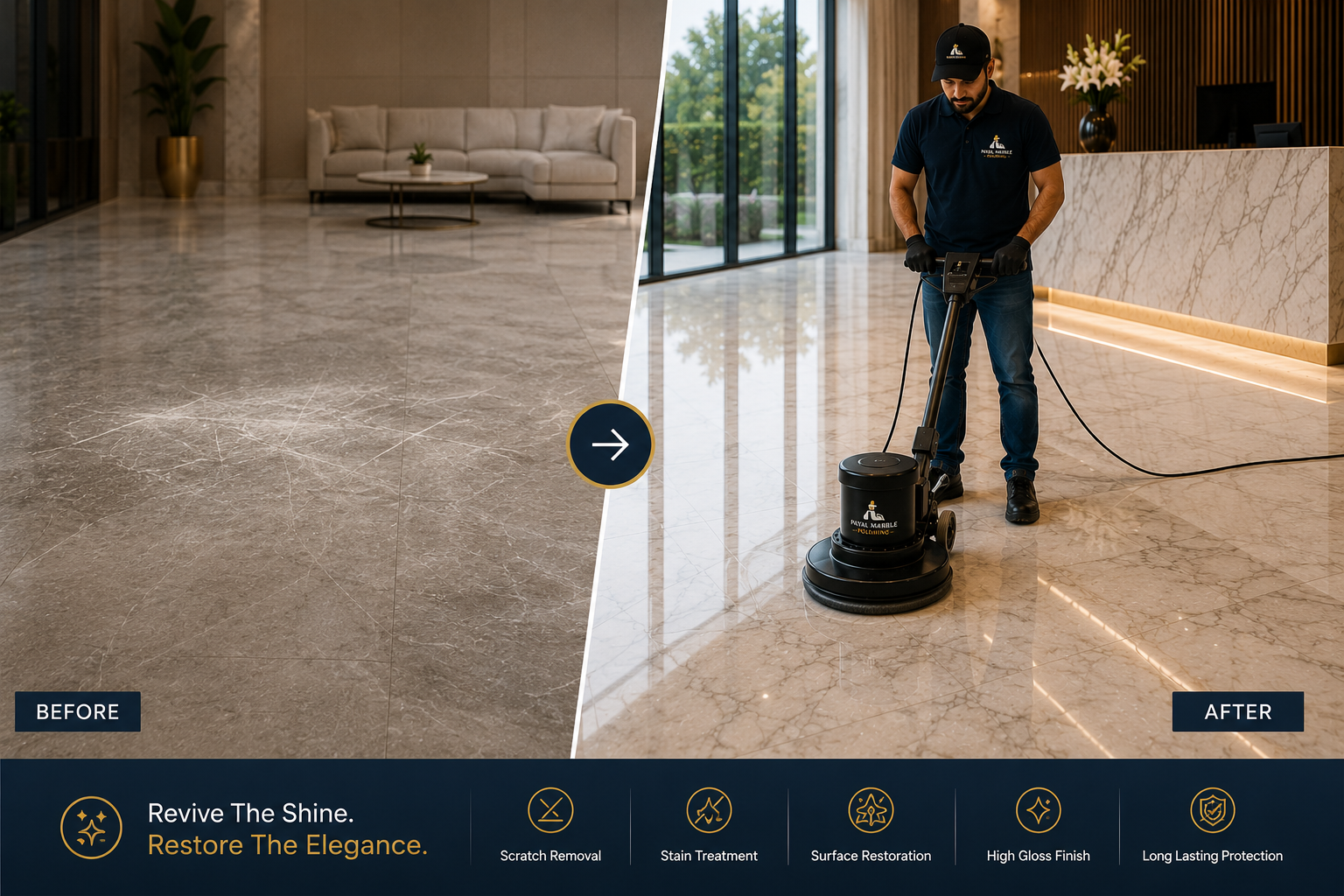Gleaming restored marble floor — mirror-finish marble flooring in luxury home in Pune
