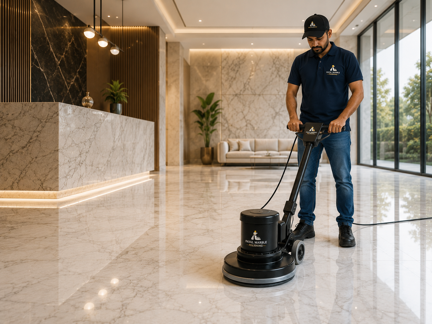 Marble floor being polished to a mirror finish by Payal Marble Polishing technicians
