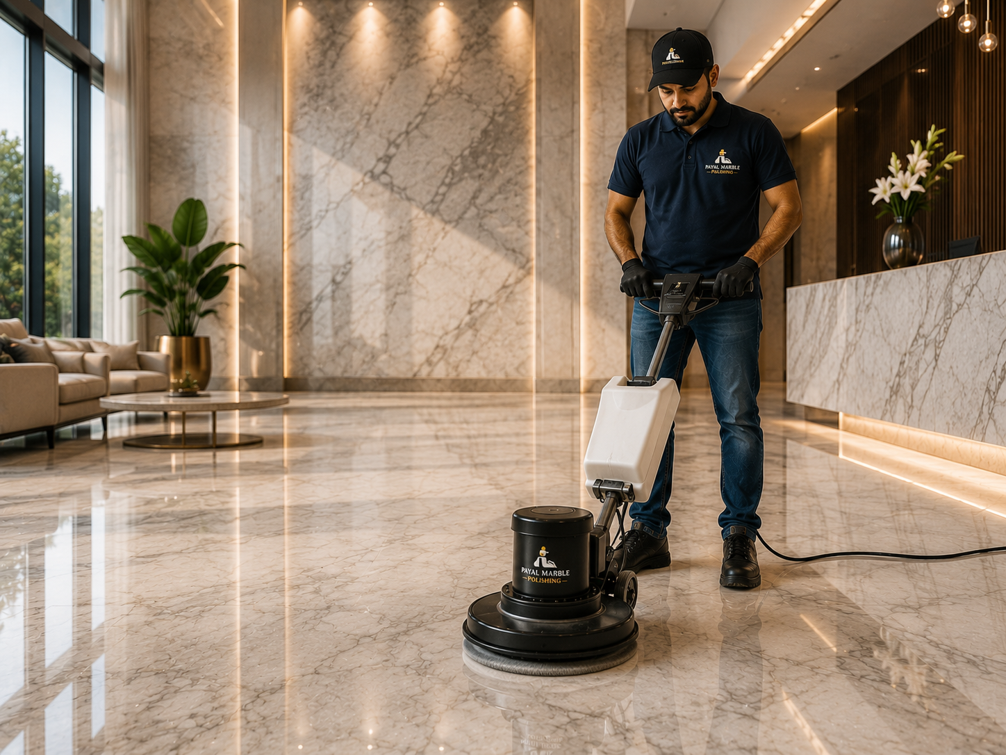Natural stone surface restoration — skilled technician working on granite floor