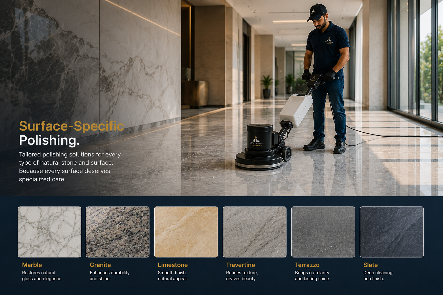 Polished marble kitchen countertop and bathroom vanity — precision surface polishing by Payal Marble Polishing